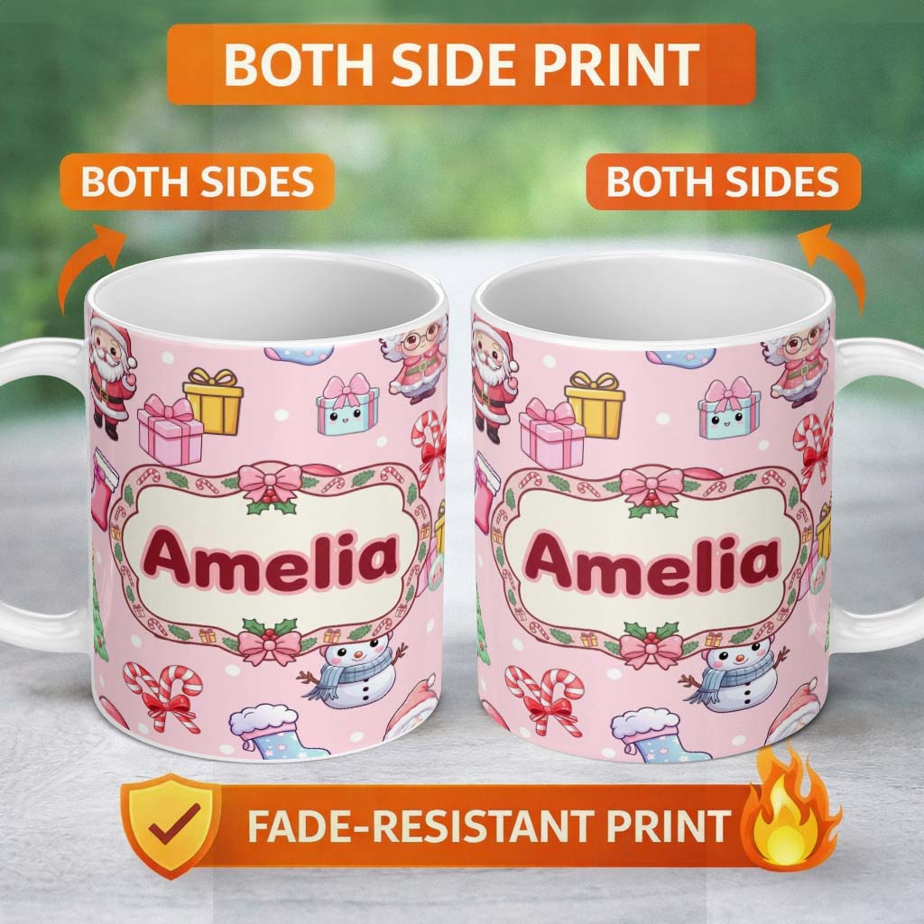 Personalized Custom Name Cute Kawaii Santa Snowman Gift Characters Soft Pink Background 11oz Ceramic Coffee Tea Mug White Large Handle
