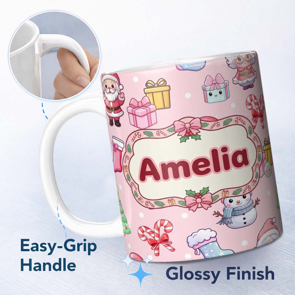 Personalized Custom Name Cute Kawaii Santa Snowman Gift Characters Soft Pink Background 11oz Ceramic Coffee Tea Mug White Large Handle