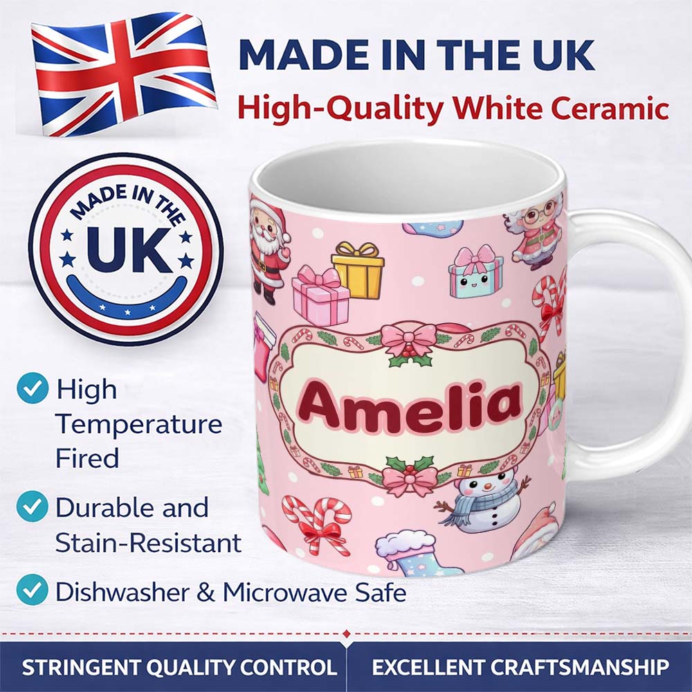 Personalized Custom Name Cute Kawaii Santa Snowman Gift Characters Soft Pink Background 11oz Ceramic Coffee Tea Mug White Large Handle