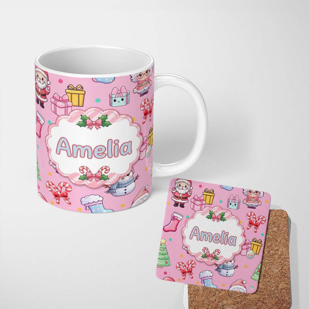 Personalized Custom Name Cute Kawaii Santa Snowman Gift Characters Pink Background Seamless 11oz Ceramic Coffee Tea Mug White Large Handle
