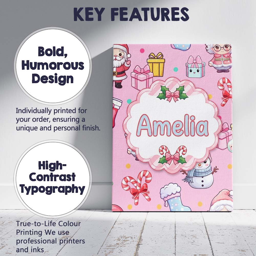 Personalised Name Cute Kawaii Santa Snowman Custom Bespoke Interior Contemporary Canvas Wall Art Print Decor Picture Ready to Hang