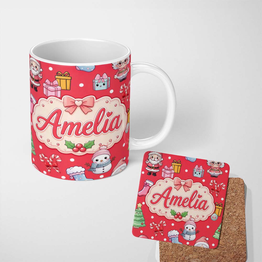 Personalized Custom Name Cute Kawaii Santa Snowman Gift Characters Red Background Seamless 11oz Ceramic Coffee Tea Mug White Large Handle