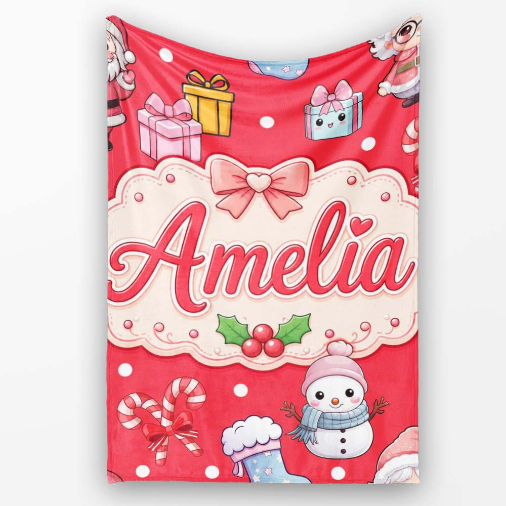 Cute Kawaii Santa Snowman Gift Characters Red Background Seamless Personalised Custom Name Super Soft Fleece Blanket Bed Sofa Throw