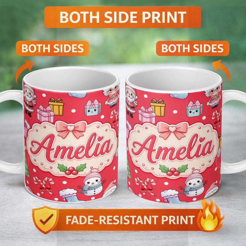 Personalized Custom Name Cute Kawaii Santa Snowman Gift Characters Red Background Seamless 11oz Ceramic Coffee Tea Mug White Large Handle