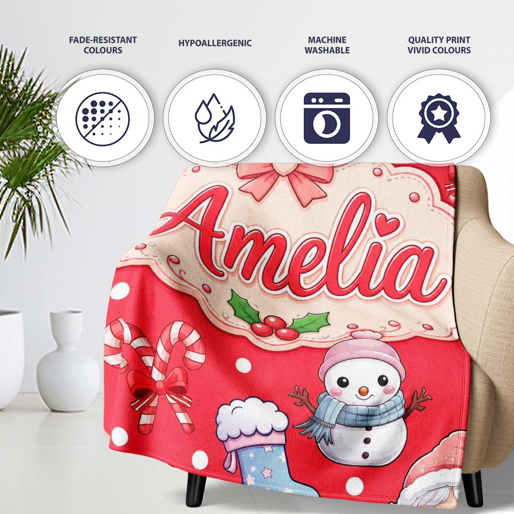 Cute Kawaii Santa Snowman Gift Characters Red Background Seamless Personalised Custom Name Super Soft Fleece Blanket Bed Sofa Throw