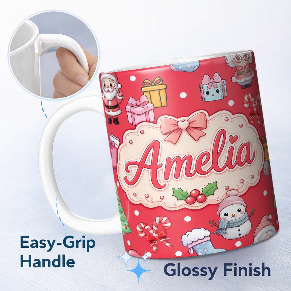 Personalized Custom Name Cute Kawaii Santa Snowman Gift Characters Red Background Seamless 11oz Ceramic Coffee Tea Mug White Large Handle