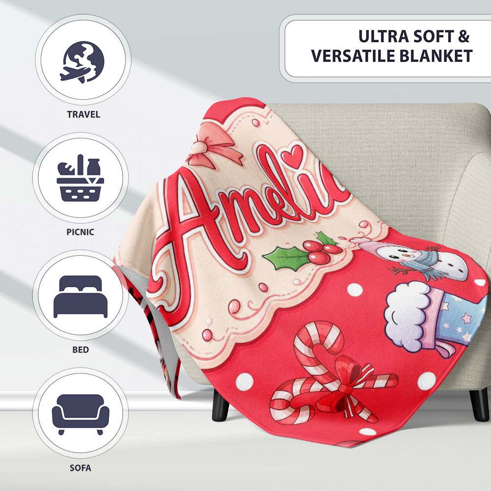 Cute Kawaii Santa Snowman Gift Characters Red Background Seamless Personalised Custom Name Super Soft Fleece Blanket Bed Sofa Throw