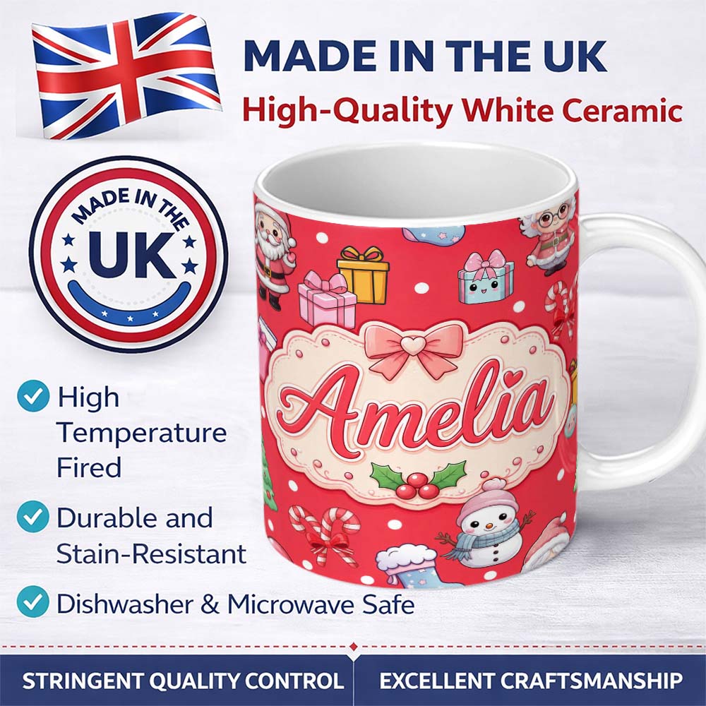 Personalized Custom Name Cute Kawaii Santa Snowman Gift Characters Red Background Seamless 11oz Ceramic Coffee Tea Mug White Large Handle