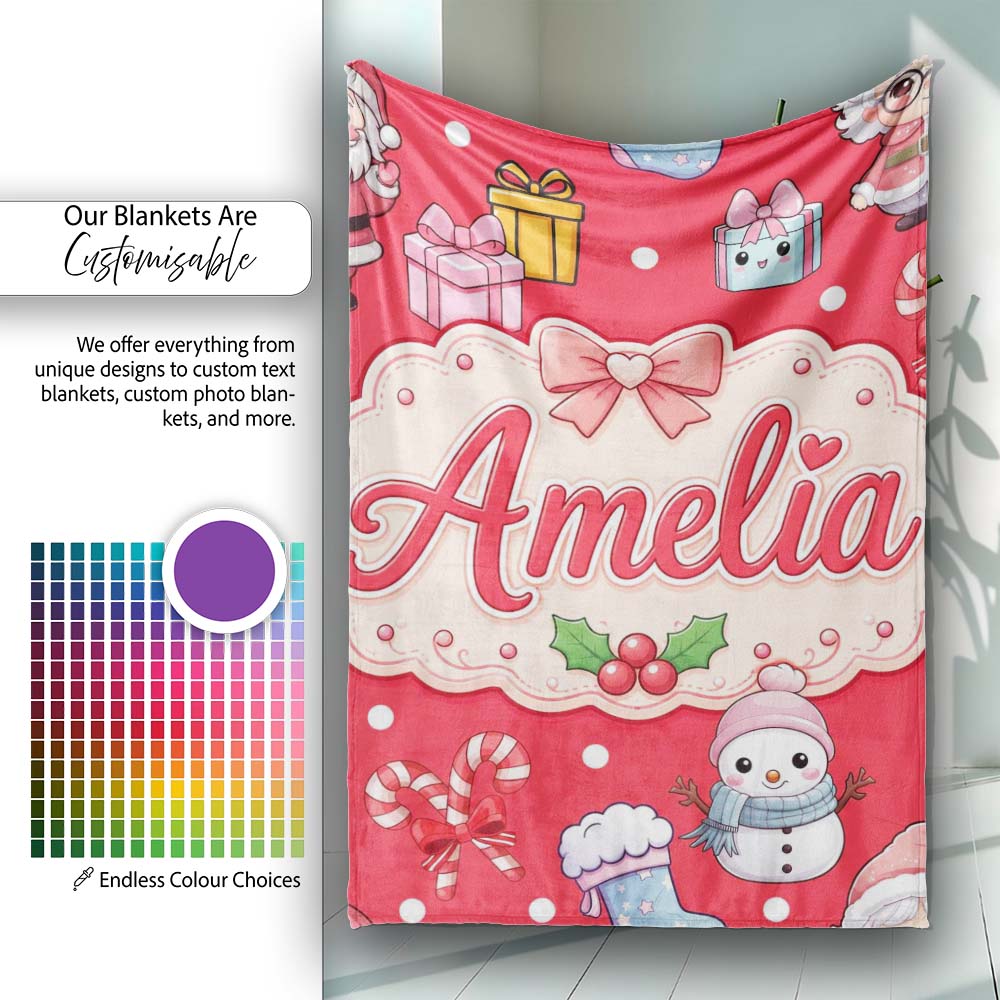 Cute Kawaii Santa Snowman Gift Characters Red Background Seamless Personalised Custom Name Super Soft Fleece Blanket Bed Sofa Throw