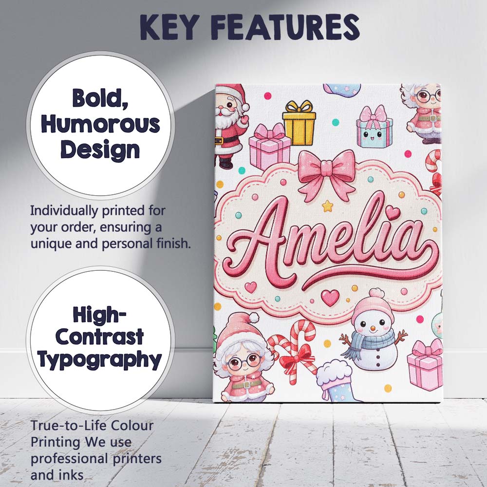 Personalised Name Cute Kawaii Santa Snowman Custom Bespoke Interior Contemporary Canvas Wall Art Print Decor Picture Ready to Hang