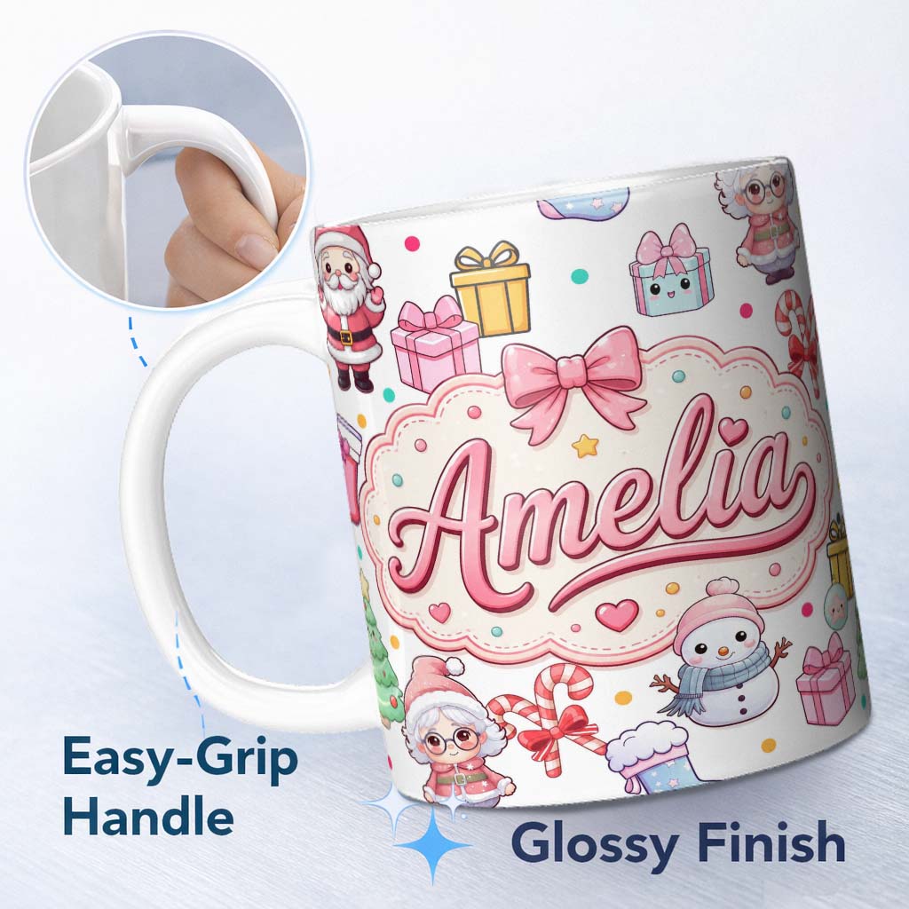 Personalized Custom Name Cute Kawaii Santa Snowman Gift Characters Light Grey Background 11oz Ceramic Coffee Tea Mug White Large Handle