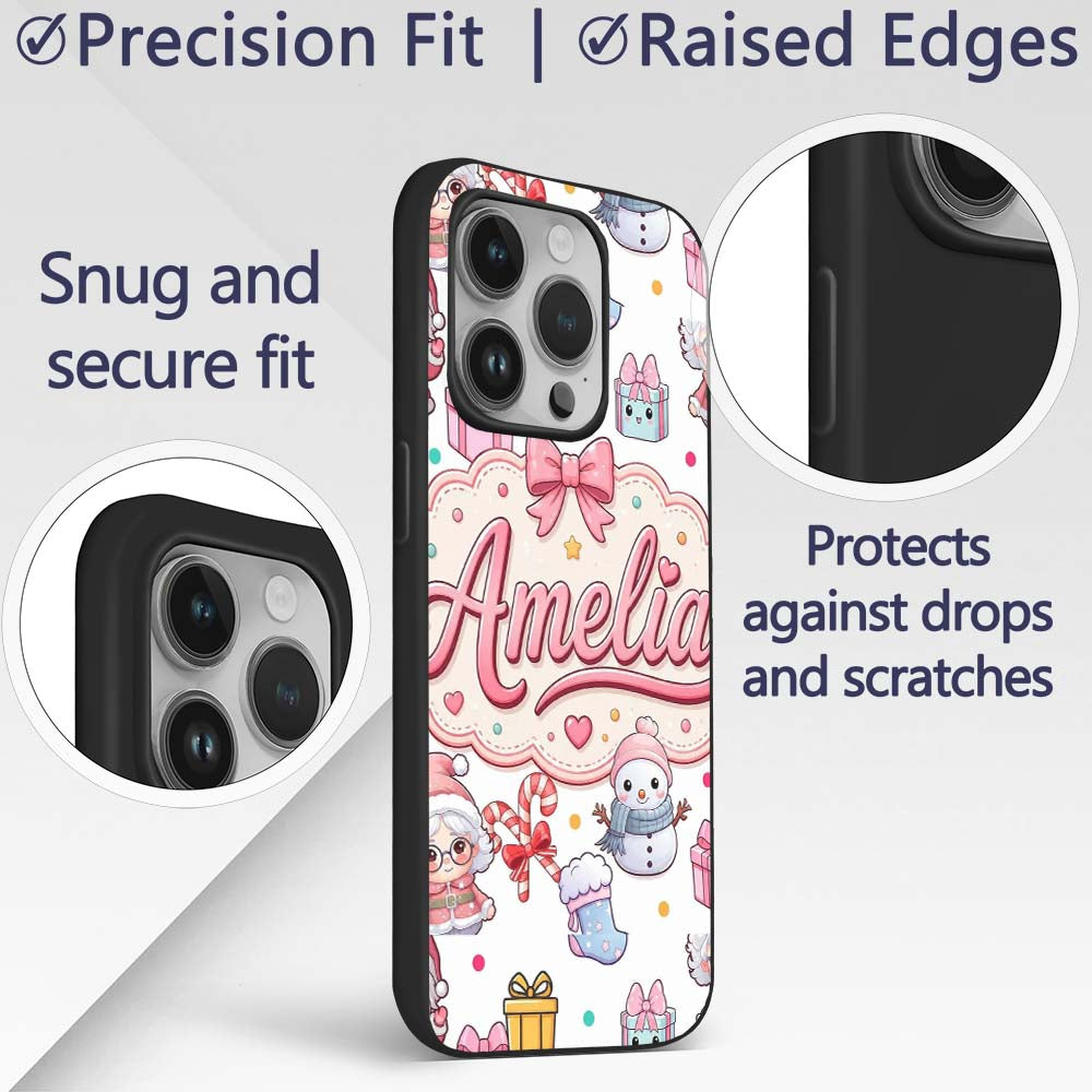 Cute Kawaii Santa Snowman Gift Characters Light Custom Name Protective Phone Case Mobile Cover Durable Everyday Smartphone Shock Resistant