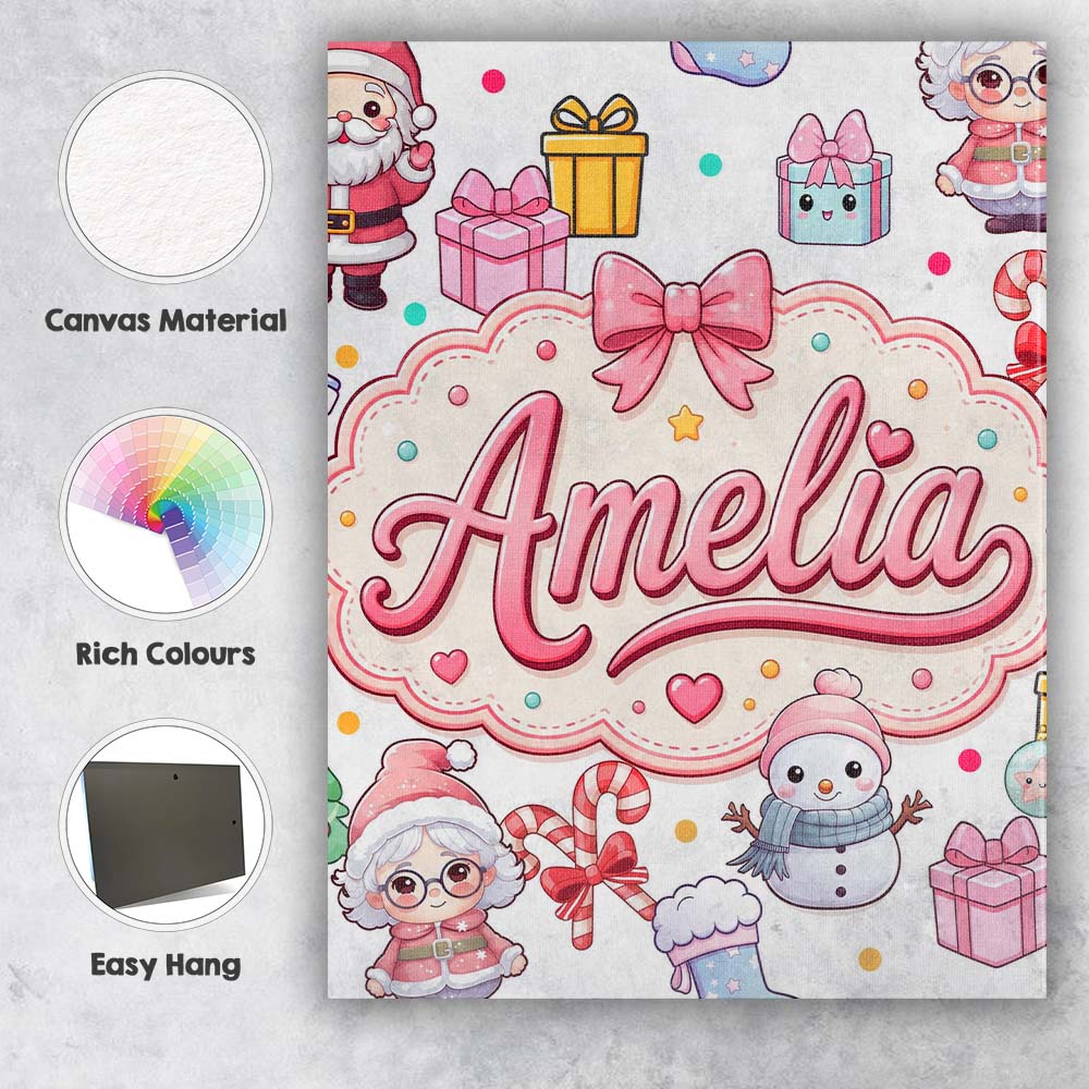 Personalised Name Cute Kawaii Santa Snowman Custom Bespoke Interior Contemporary Canvas Wall Art Print Decor Picture Ready to Hang