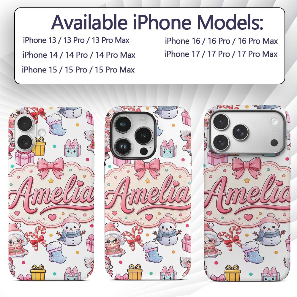 Cute Kawaii Santa Snowman Gift Characters Light Custom Name Protective Phone Case Mobile Cover Durable Everyday Smartphone Shock Resistant