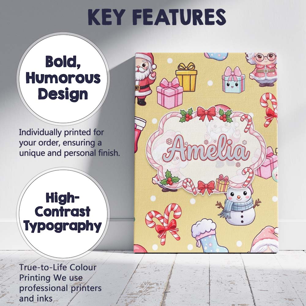 Personalised Name Cute Kawaii Santa Snowman Custom Bespoke Interior Contemporary Canvas Wall Art Print Decor Picture Ready to Hang