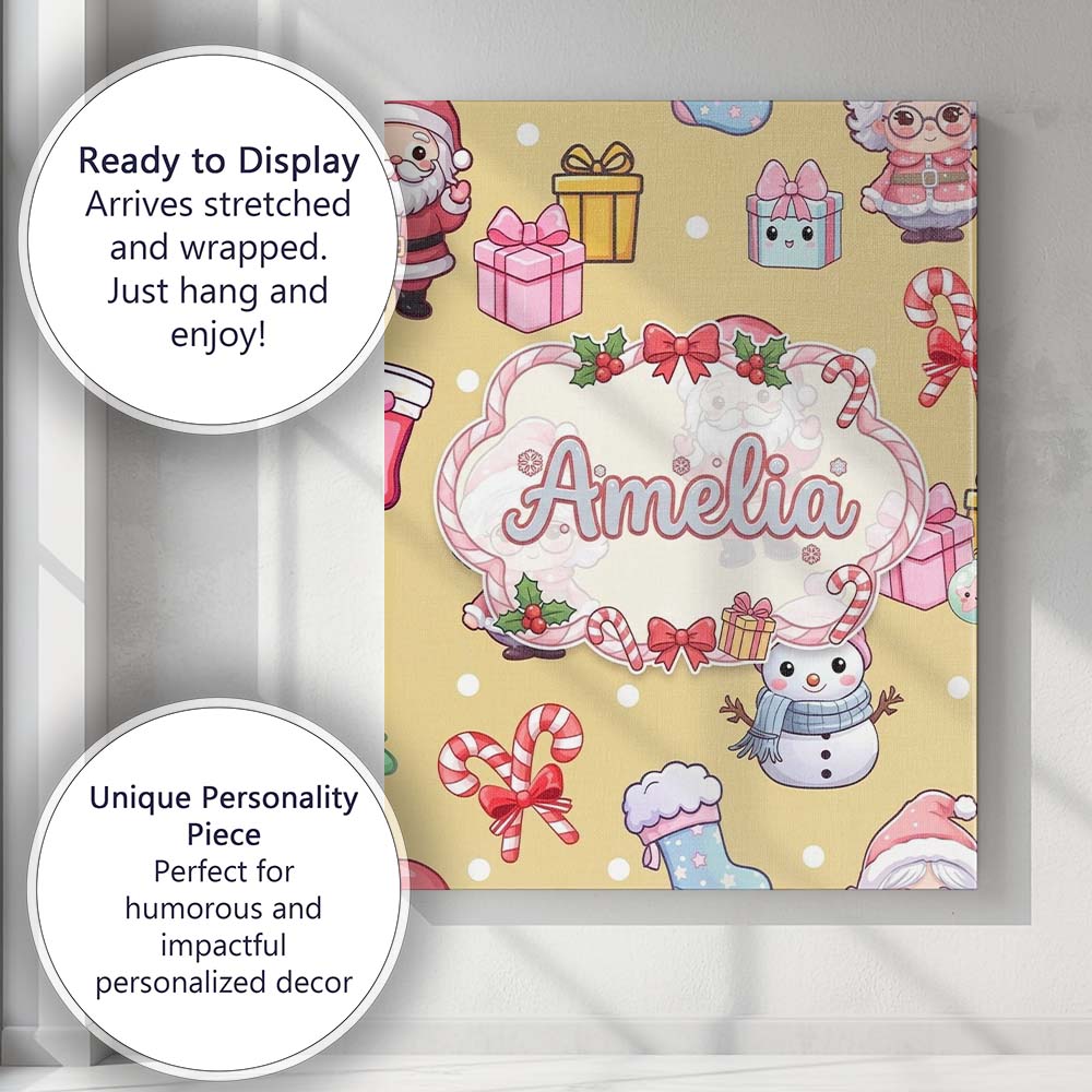 Personalised Name Cute Kawaii Santa Snowman Custom Bespoke Interior Contemporary Canvas Wall Art Print Decor Picture Ready to Hang
