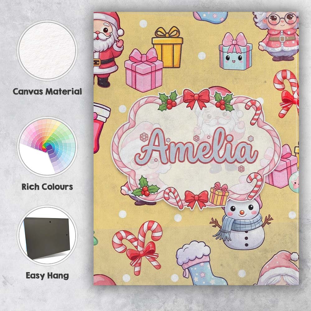 Personalised Name Cute Kawaii Santa Snowman Custom Bespoke Interior Contemporary Canvas Wall Art Print Decor Picture Ready to Hang