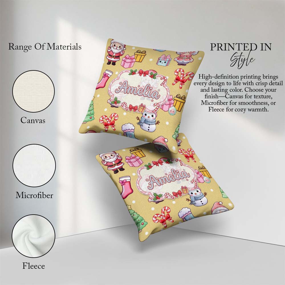 Custom Name Cute Kawaii Santa Snowman Gift Characters Warm Beige Square Filled Cushion Throw Pillow Sofa Bed Home Decor Zip Washable UK Made