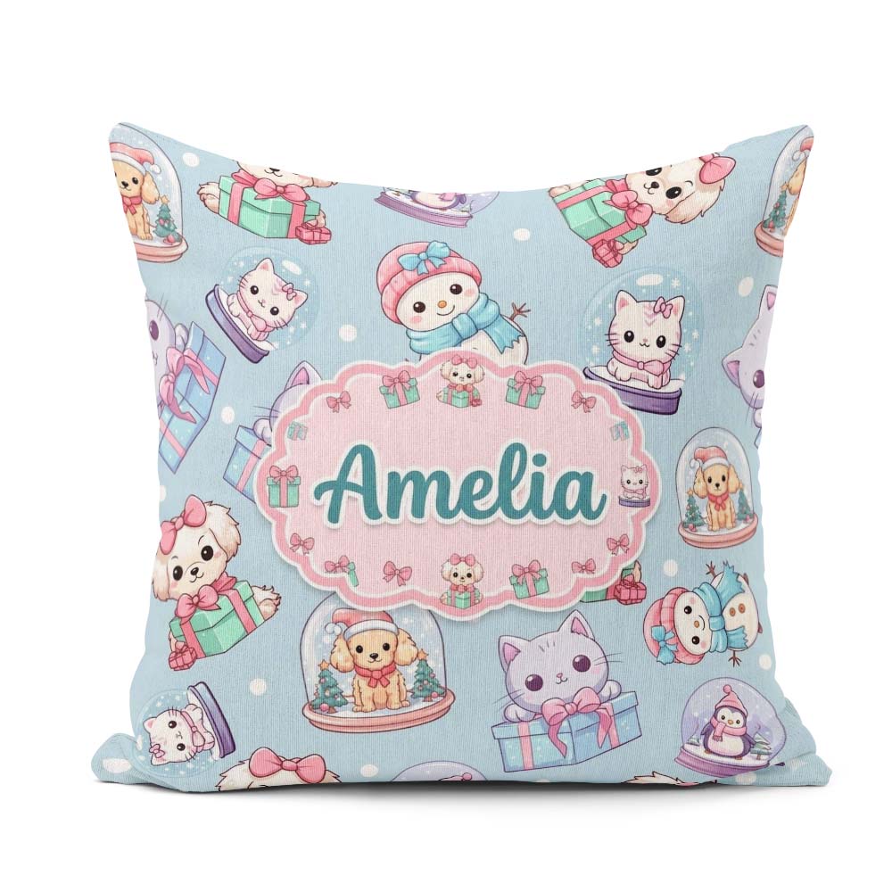 Custom Name Cute Christmas Pets Snow Globe Pattern Seamless Name Square Filled Cushion Throw Pillow Sofa Bed Home Decor Zip Washable UK Made