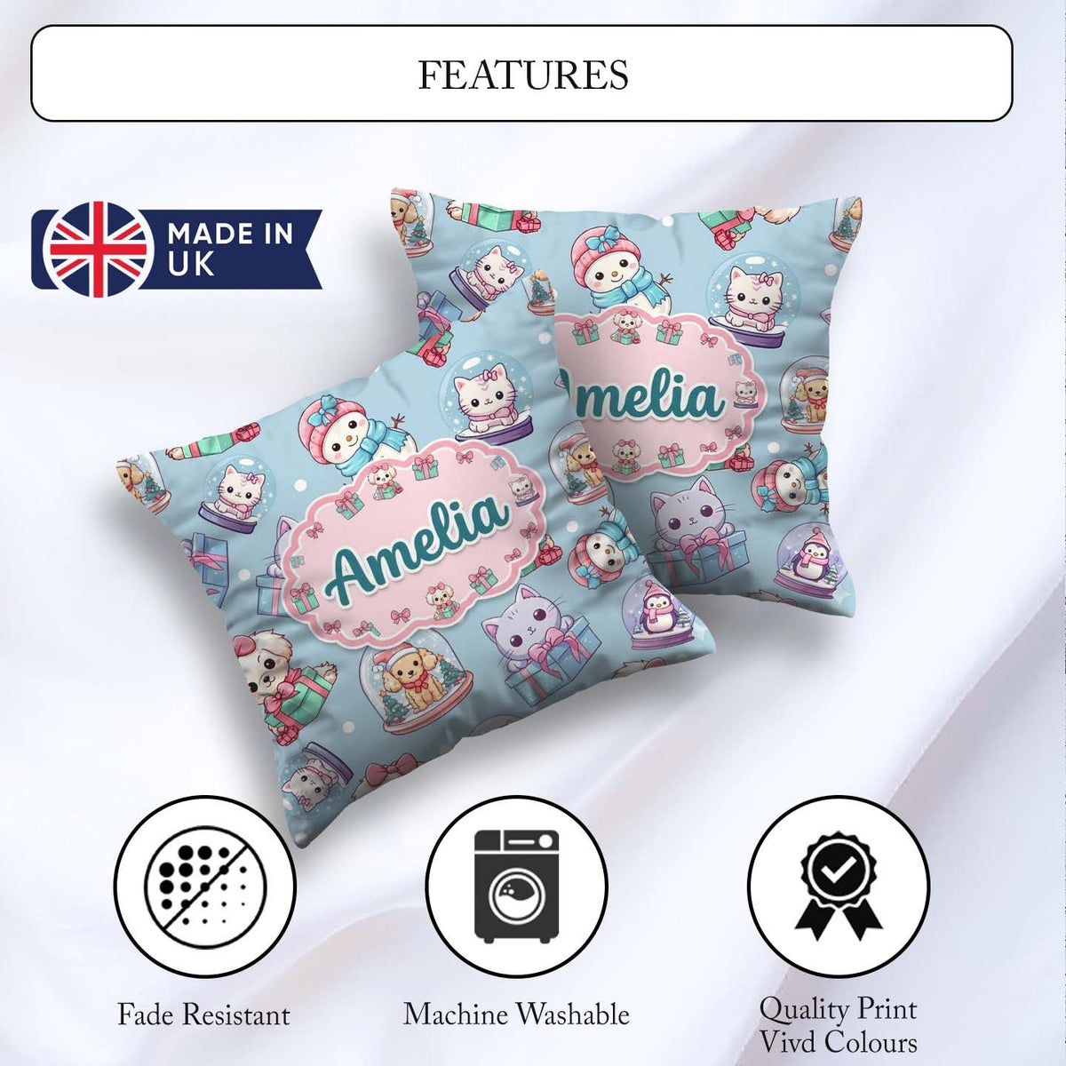 Custom Name Cute Christmas Pets Snow Globe Pattern Seamless Name Square Filled Cushion Throw Pillow Sofa Bed Home Decor Zip Washable UK Made