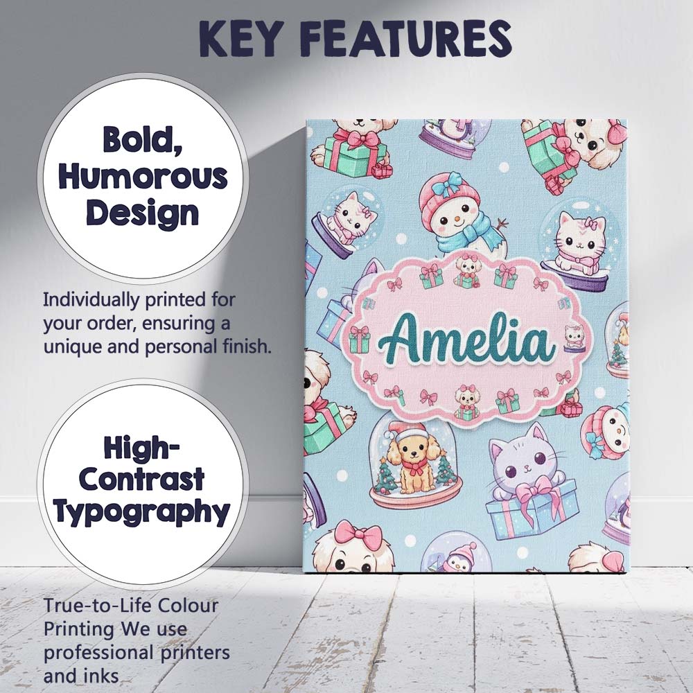 Personalised Name Cute Kawaii Christmas Custom Modern Room Accent Elegant Feature Canvas Wall Art Print Decor Picture Ready to Hang