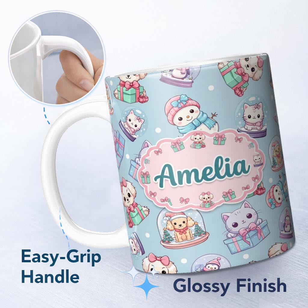 Personalized Custom Name Cute Kawaii Christmas Pets Snow Globe Gift Pattern Seamless Name 11oz Ceramic Coffee Tea Mug White Large Handle