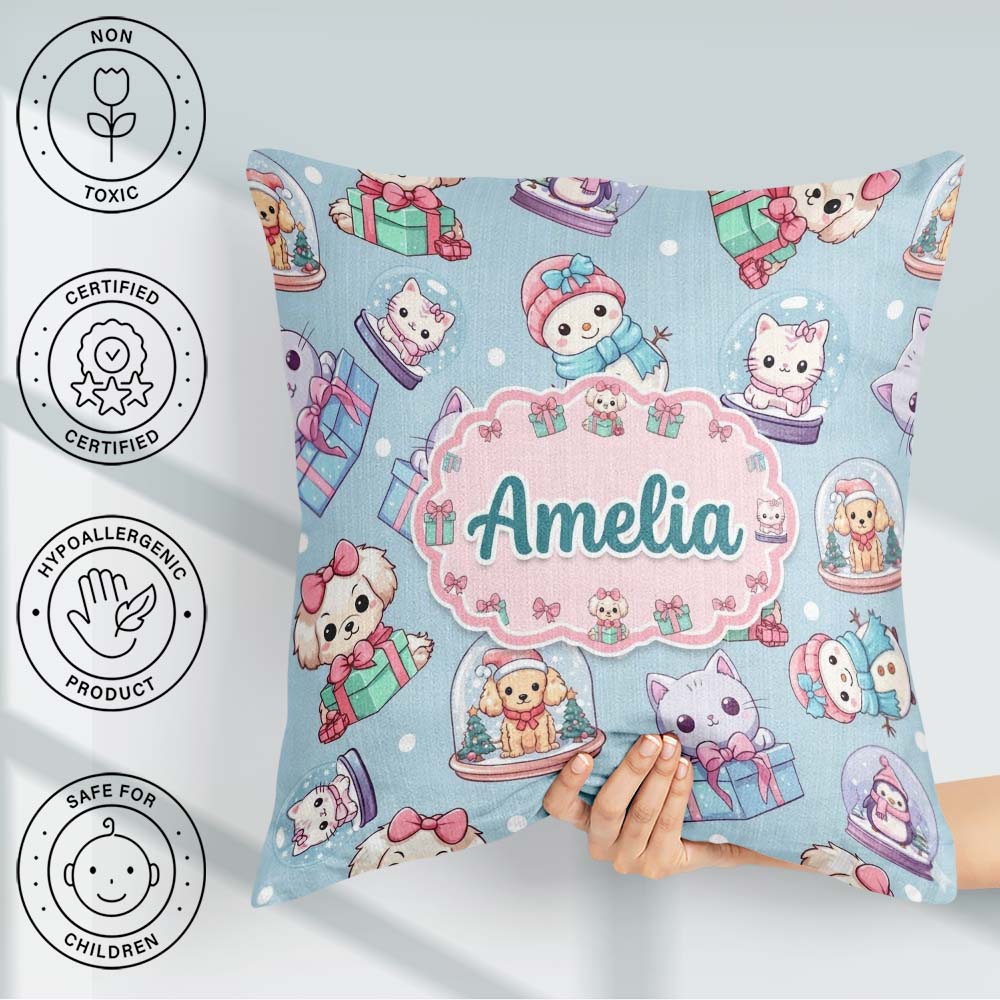 Custom Name Cute Christmas Pets Snow Globe Pattern Seamless Name Square Filled Cushion Throw Pillow Sofa Bed Home Decor Zip Washable UK Made