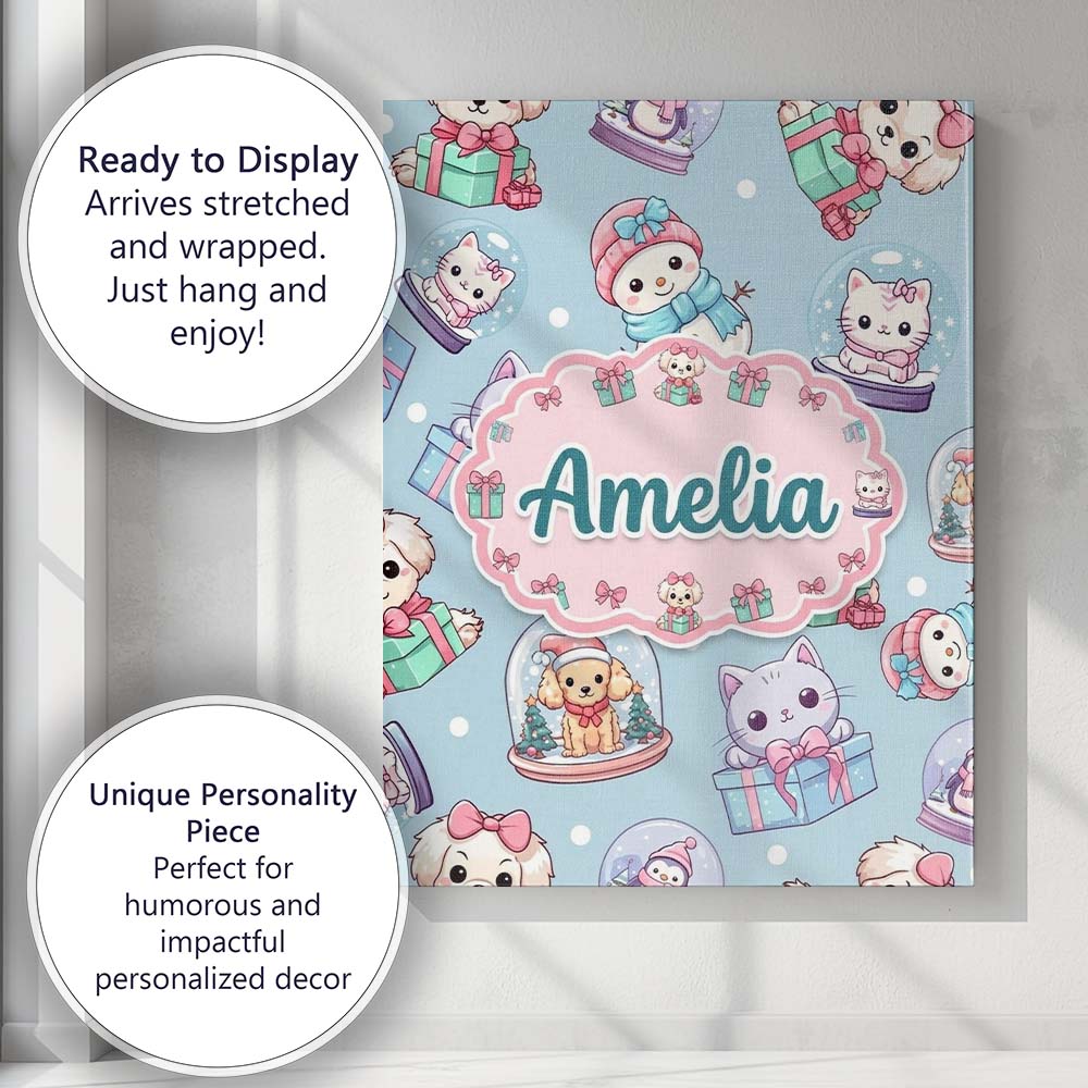 Personalised Name Cute Kawaii Christmas Custom Modern Room Accent Elegant Feature Canvas Wall Art Print Decor Picture Ready to Hang