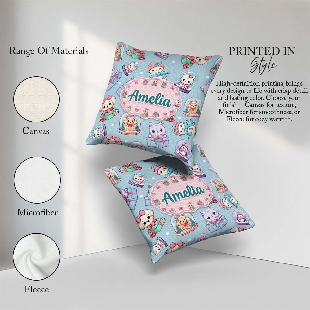 Custom Name Cute Christmas Pets Snow Globe Pattern Seamless Name Square Filled Cushion Throw Pillow Sofa Bed Home Decor Zip Washable UK Made