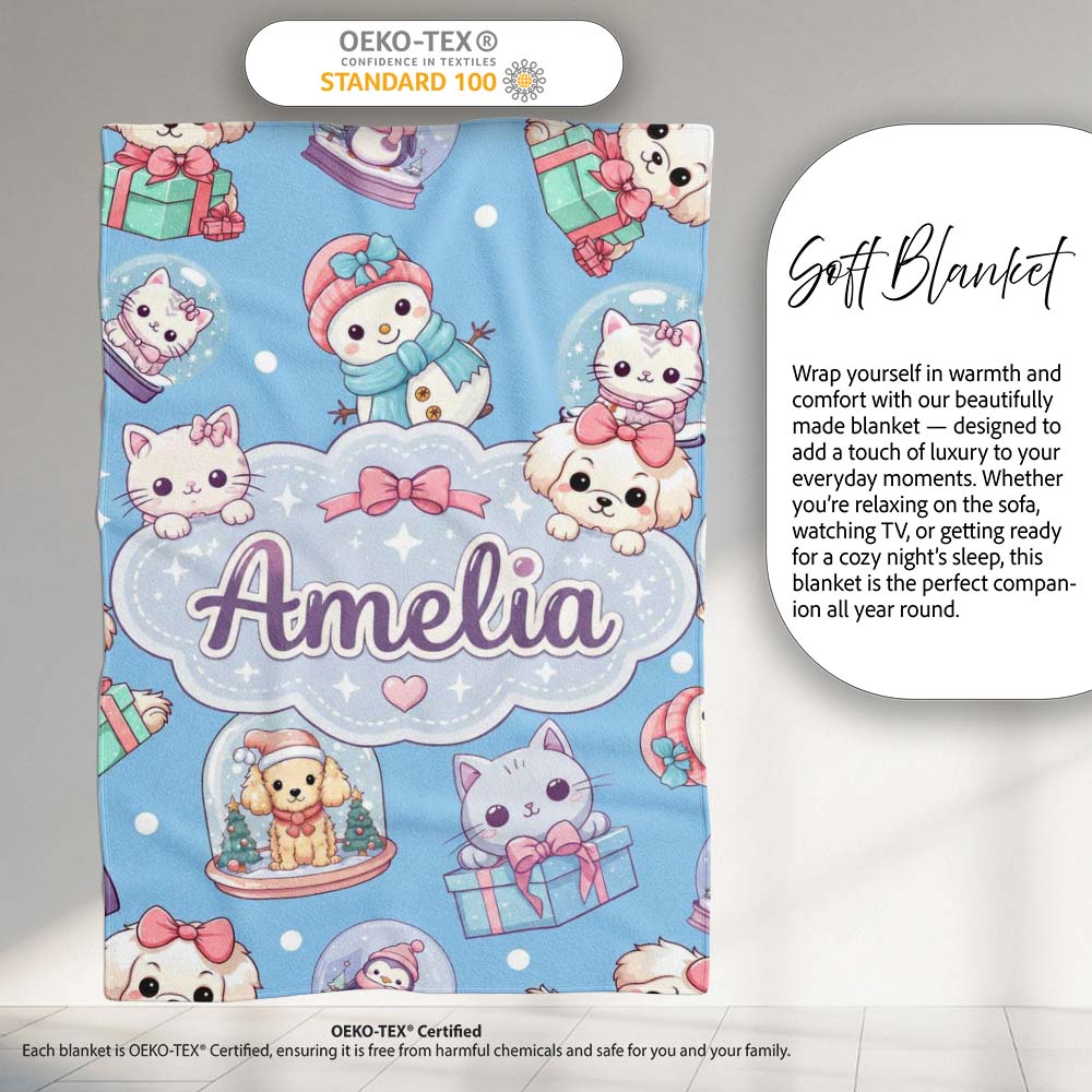 Cute Kawaii Christmas Pets Snow Globe Gifts Blue Background Personalised Custom Name Super Soft Fleece Blanket Bed Sofa Throw