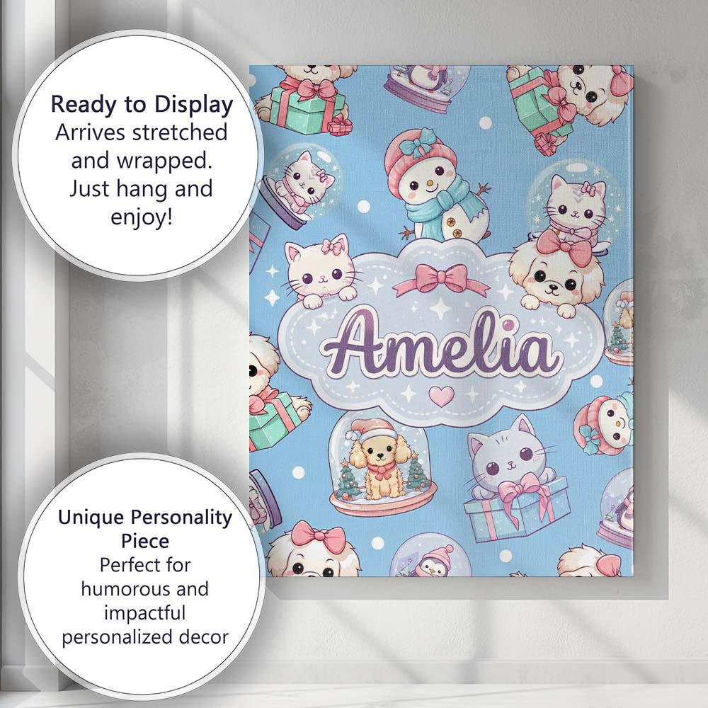 Personalised Name Cute Kawaii Christmas Custom Modern Room Accent Elegant Feature Canvas Wall Art Print Decor Picture Ready to Hang