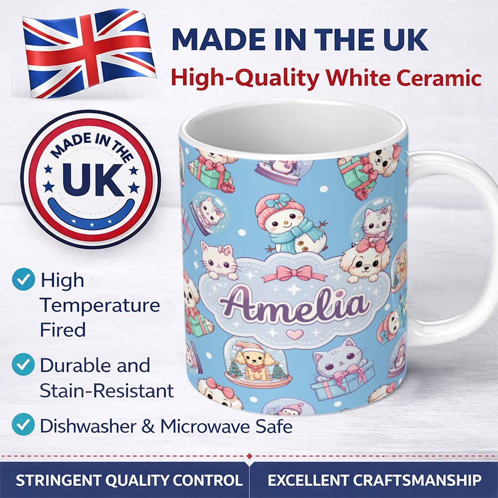 Personalized Custom Name Cute Kawaii Christmas Pets Snow Globe Gifts Blue Background 11oz Ceramic Coffee Tea Mug White Large Handle