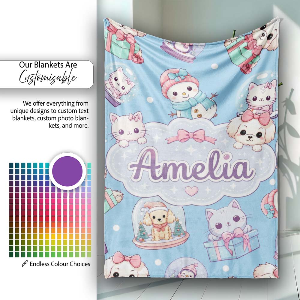 Cute Kawaii Christmas Pets Snow Globe Gifts Blue Background Personalised Custom Name Super Soft Fleece Blanket Bed Sofa Throw