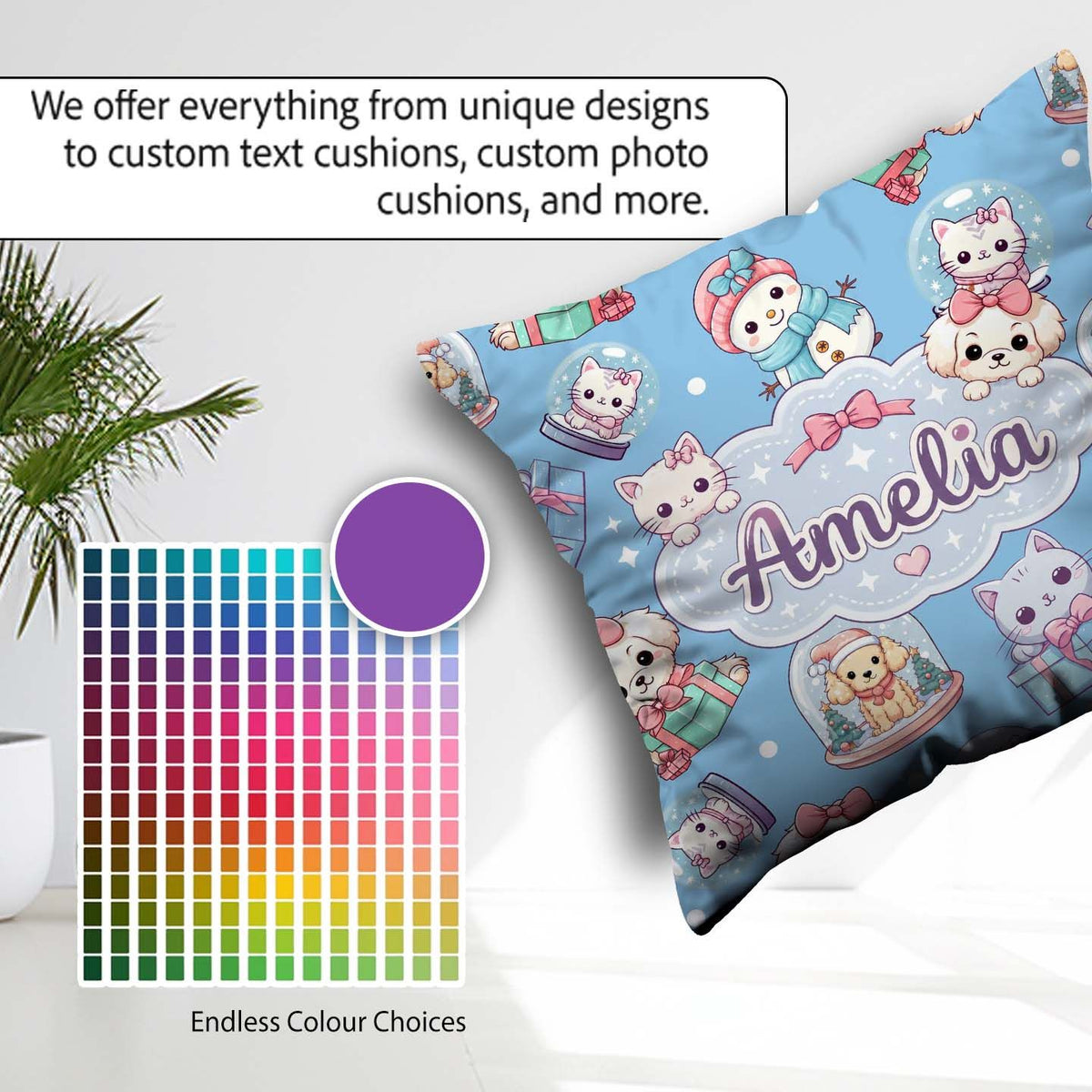Custom Name Cute Christmas Pets Snow Globe Gifts Blue Background Square Filled Cushion Throw Pillow Sofa Bed Home Decor Zip Washable UK Made