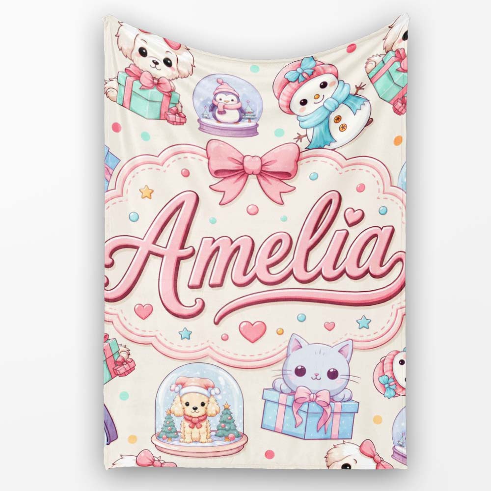 Cute Kawaii Christmas Pets Snow Globe Gifts Cream Background Personalised Custom Name Super Soft Fleece Blanket Bed Sofa Throw