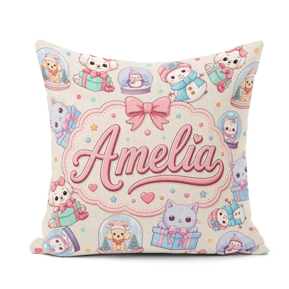 Custom Name Cute Kawaii Pets Snow Globe Gifts Cream Background Square Filled Cushion Throw Pillow Sofa Bed Home Decor Zip Washable UK Made