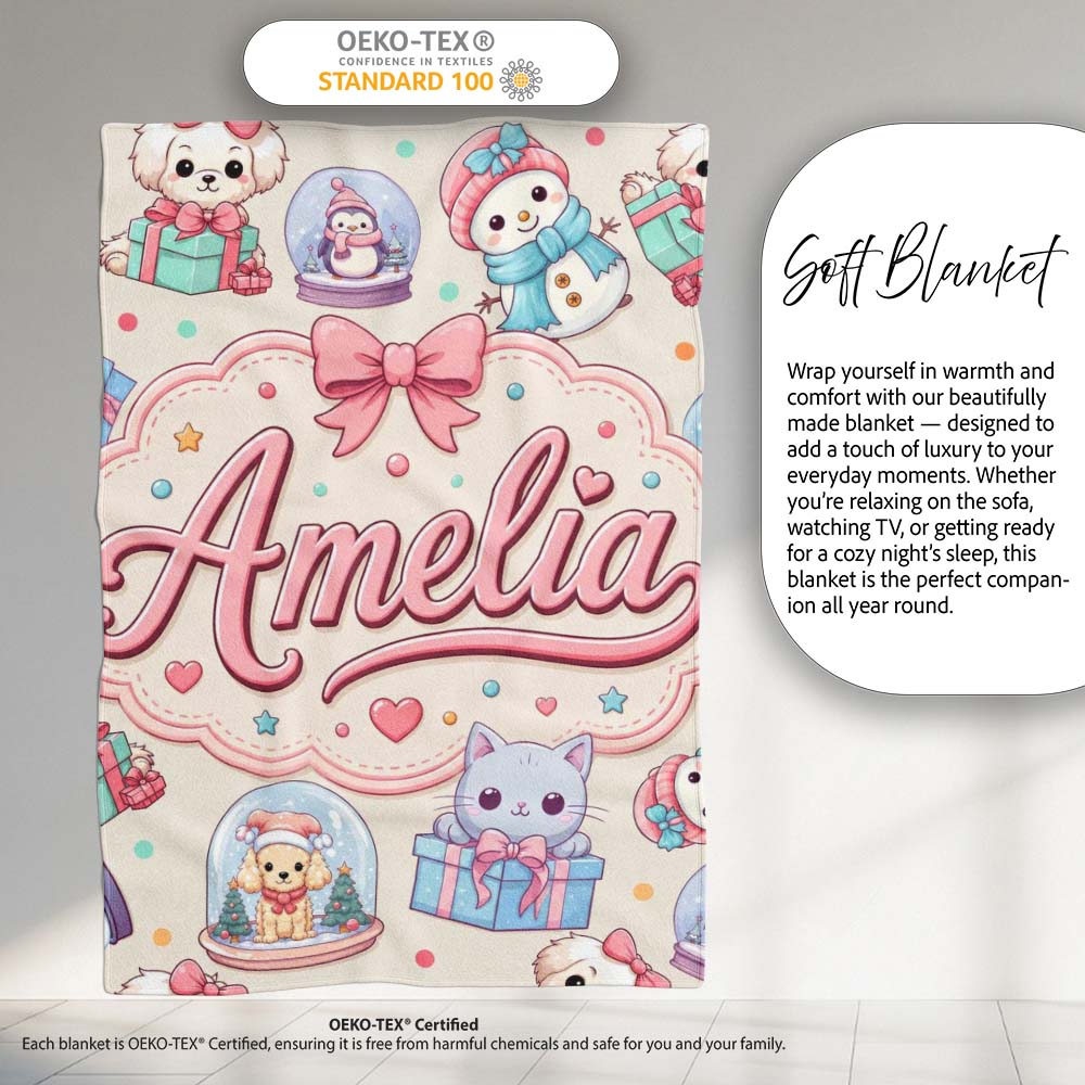 Cute Kawaii Christmas Pets Snow Globe Gifts Cream Background Personalised Custom Name Super Soft Fleece Blanket Bed Sofa Throw