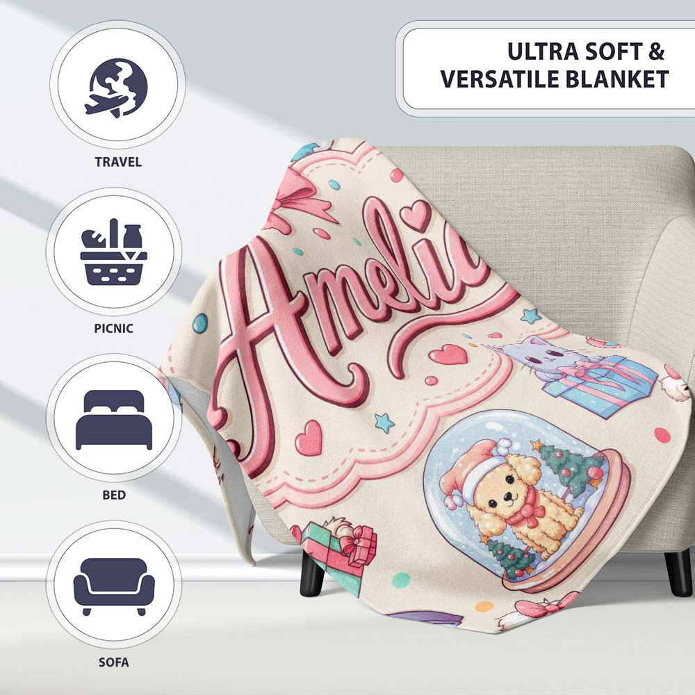 Cute Kawaii Christmas Pets Snow Globe Gifts Cream Background Personalised Custom Name Super Soft Fleece Blanket Bed Sofa Throw