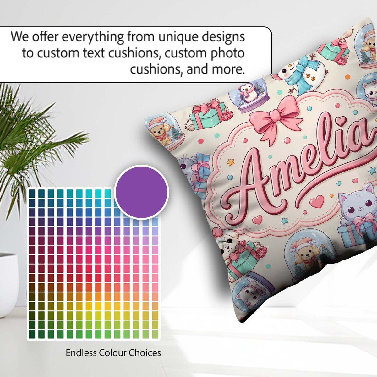 Custom Name Cute Kawaii Pets Snow Globe Gifts Cream Background Square Filled Cushion Throw Pillow Sofa Bed Home Decor Zip Washable UK Made