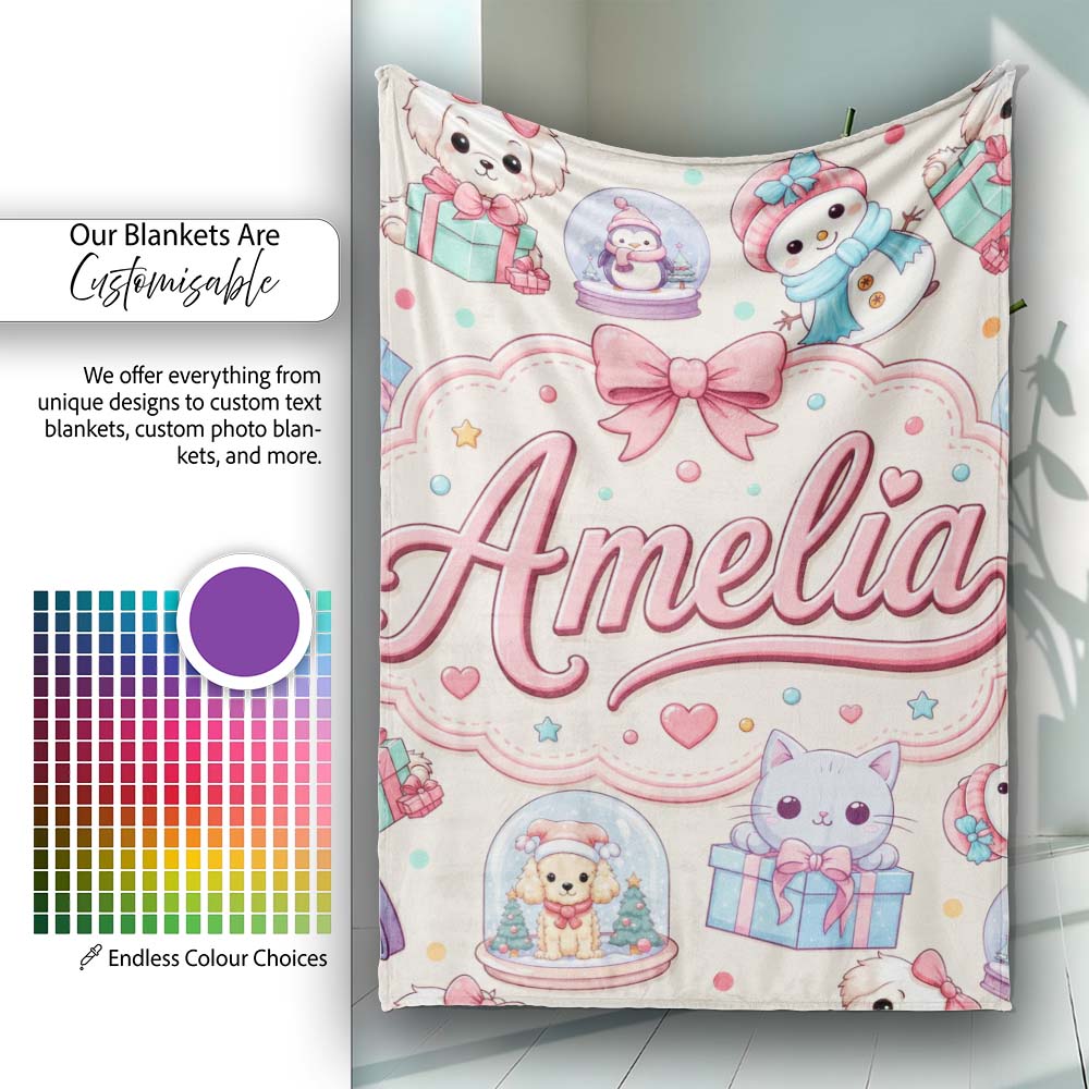 Cute Kawaii Christmas Pets Snow Globe Gifts Cream Background Personalised Custom Name Super Soft Fleece Blanket Bed Sofa Throw