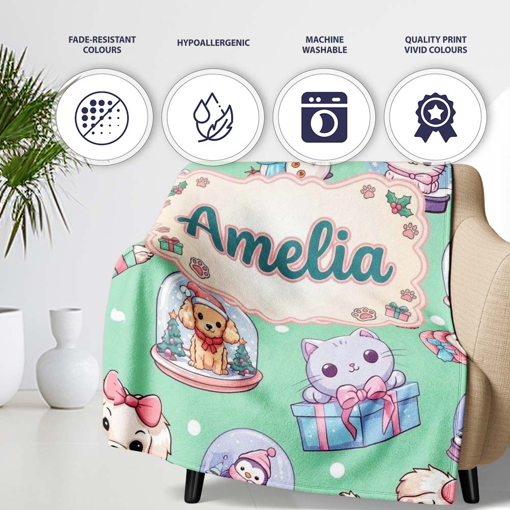 Cute Kawaii Christmas Pets Snow Globe Gifts Mint Background Personalised Custom Name Super Soft Fleece Blanket Bed Sofa Throw