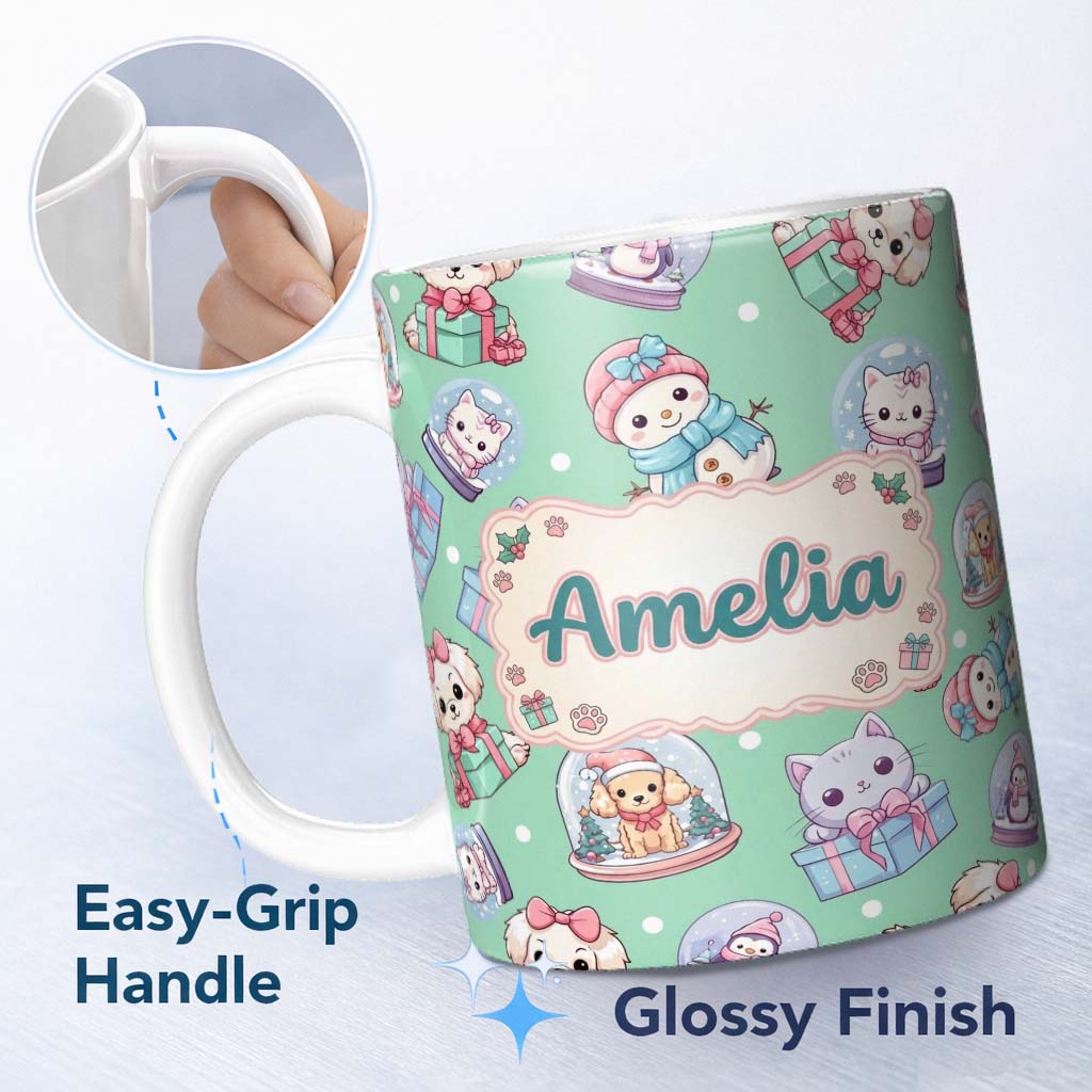 Personalized Custom Name Cute Kawaii Christmas Pets Snow Globe Gifts Mint Background 11oz Ceramic Coffee Tea Mug White Large Handle