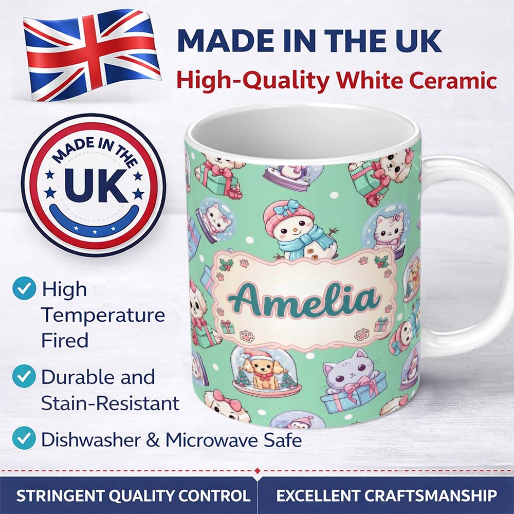 Personalized Custom Name Cute Kawaii Christmas Pets Snow Globe Gifts Mint Background 11oz Ceramic Coffee Tea Mug White Large Handle