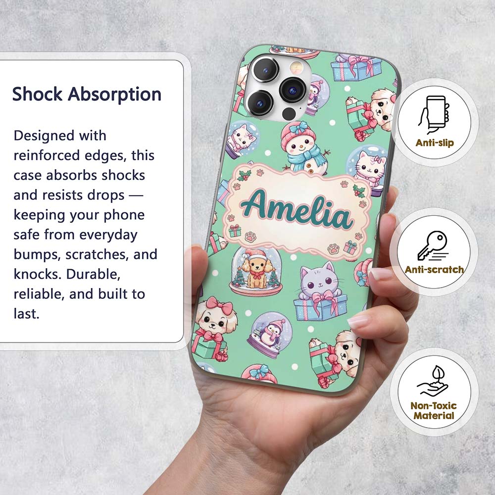 Cute Kawaii Christmas Pets Snow Globe Gifts Mint Custom Name Protective Phone Case Mobile Cover Durable Everyday Smartphone Shock Resistant