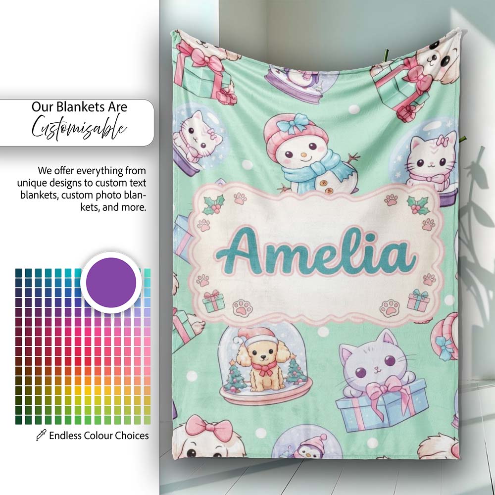Cute Kawaii Christmas Pets Snow Globe Gifts Mint Background Personalised Custom Name Super Soft Fleece Blanket Bed Sofa Throw
