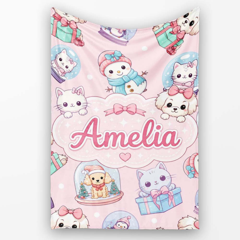 Cute Kawaii Christmas Pets Snow Globe Gifts Soft Pink Background Personalised Custom Name Super Soft Fleece Blanket Bed Sofa Throw