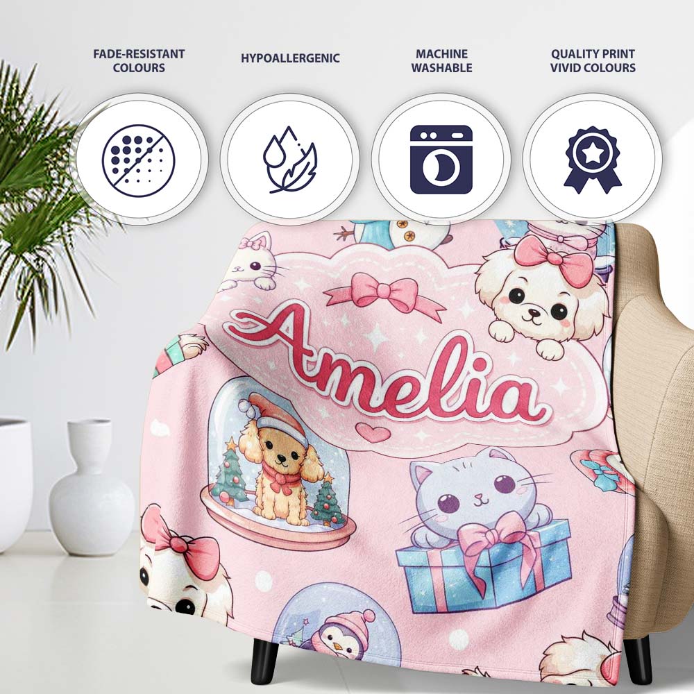 Cute Kawaii Christmas Pets Snow Globe Gifts Soft Pink Background Personalised Custom Name Super Soft Fleece Blanket Bed Sofa Throw