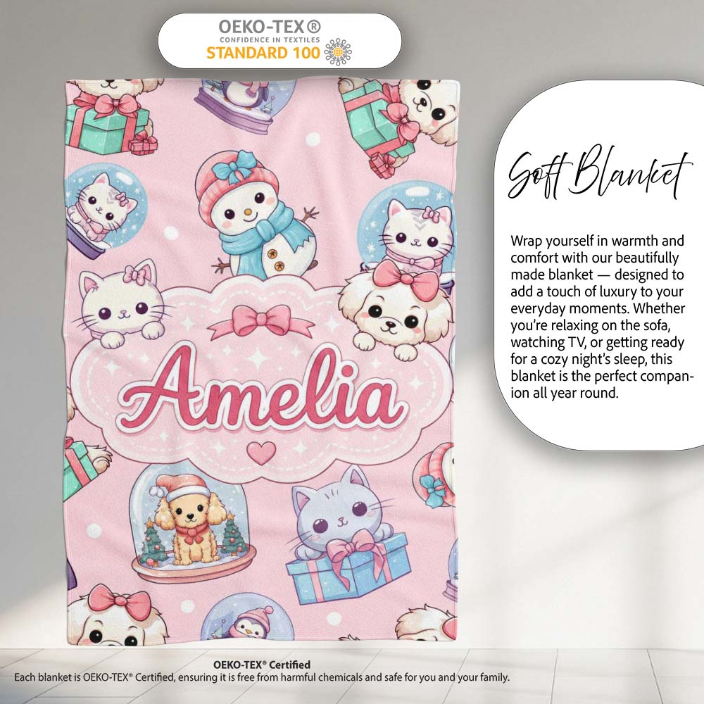 Cute Kawaii Christmas Pets Snow Globe Gifts Soft Pink Background Personalised Custom Name Super Soft Fleece Blanket Bed Sofa Throw