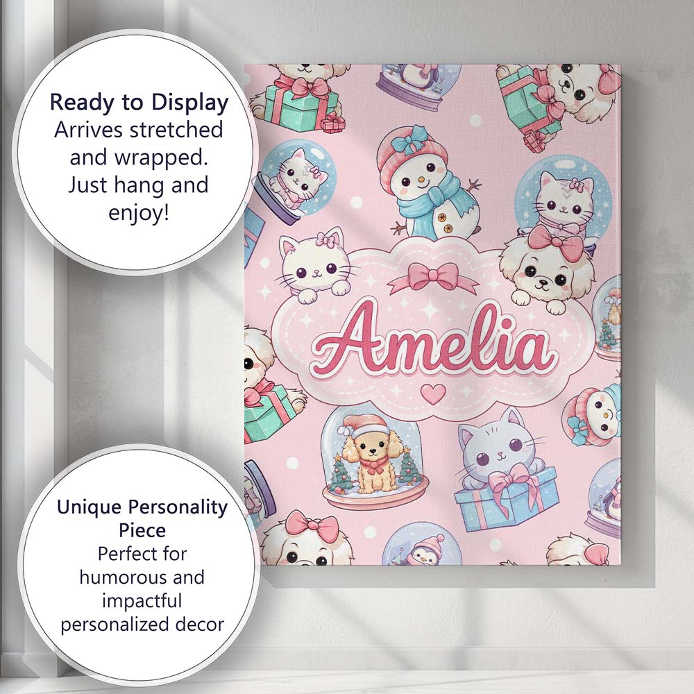 Personalised Name Cute Kawaii Christmas Custom Modern Room Accent Elegant Feature Canvas Wall Art Print Decor Picture Ready to Hang