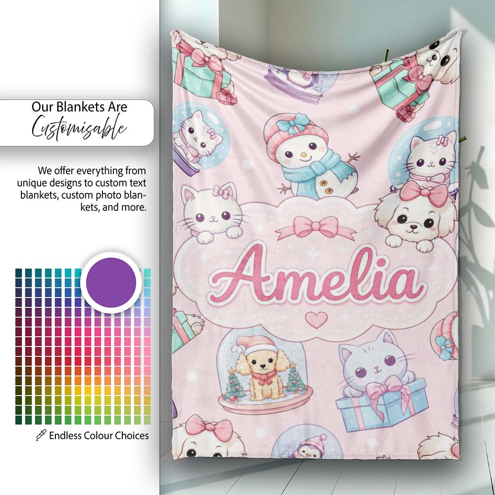Cute Kawaii Christmas Pets Snow Globe Gifts Soft Pink Background Personalised Custom Name Super Soft Fleece Blanket Bed Sofa Throw
